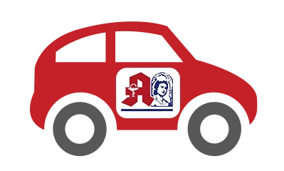 Icon eines roten Lieferautos mit grauen Reifen. Auf dem Auto ist das Logo der Kappenberg Apotheke